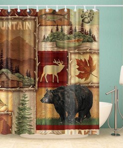 Rustic Wild Animal Shower Curtain Moose Bear Fish Fall Mountain Lake Splicing Fabric For Farmhouse Bathroom Decors