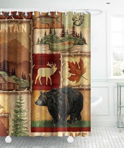 Rustic Wild Animal Shower Curtain Moose Bear Fish Fall Mountain Lake Splicing Fabric For Farmhouse Bathroom Decors