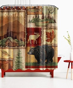 Rustic Wild Animal Shower Curtain Moose Bear Fish Fall Mountain Lake Splicing Fabric For Farmhouse Bathroom Decors