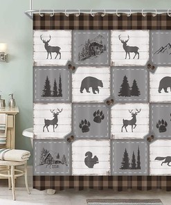 Rustic Wild Animal Woodland Shower Curtain With Deer Bear Design - Wild Life Gray Brown Bathroom