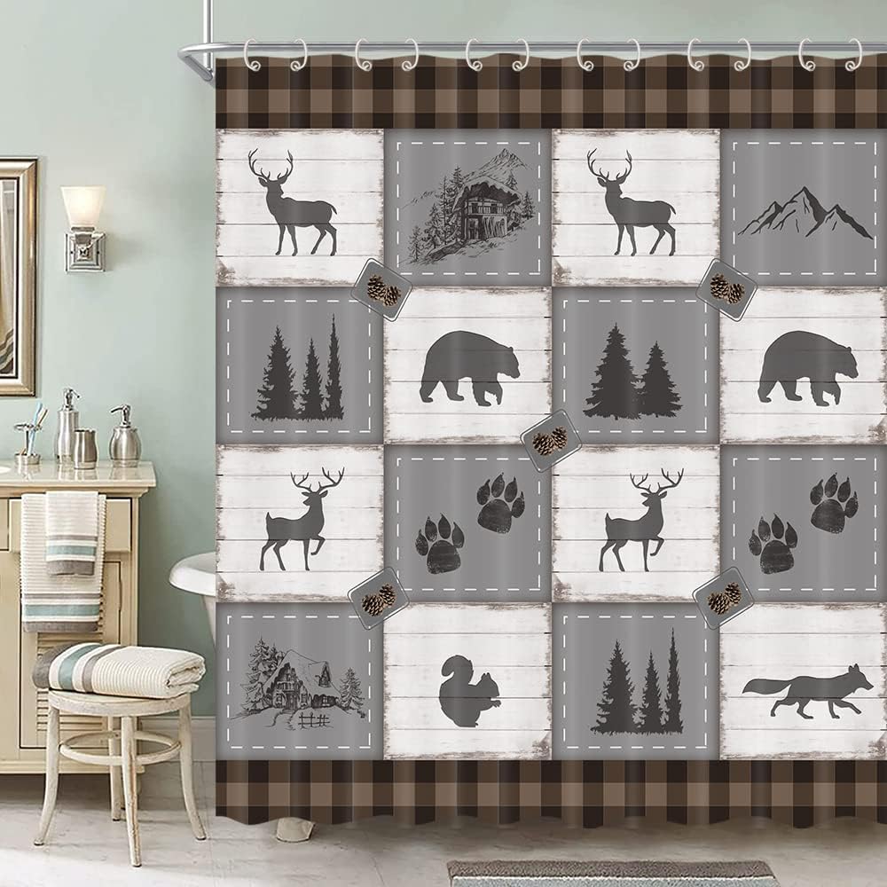 Rustic Wild Animal Woodland Shower Curtain With Deer Bear Design - Wild Life Gray Brown Bathroom