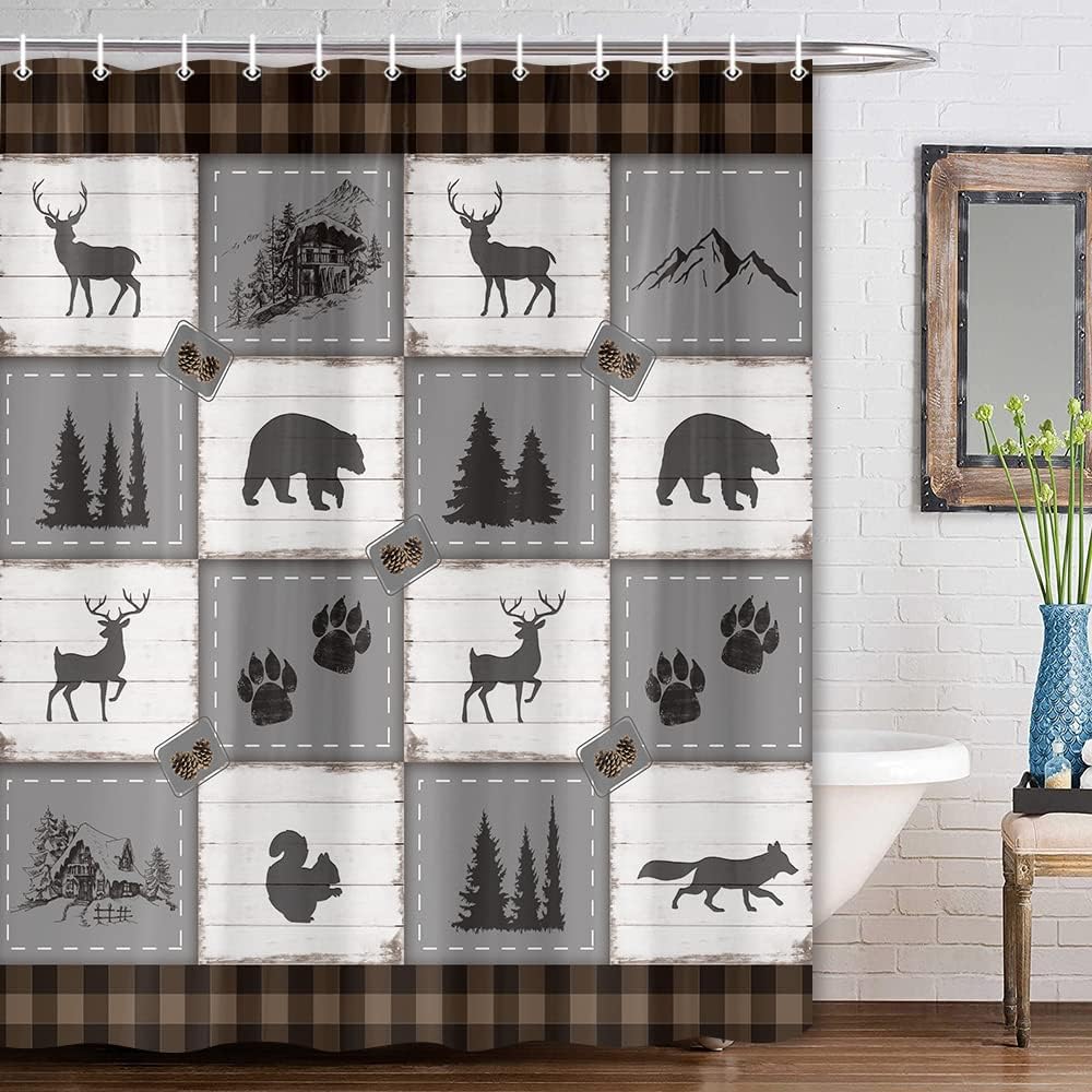 Rustic Wild Animal Woodland Shower Curtain With Deer Bear Design - Wild Life Gray Brown Bathroom - Image 2