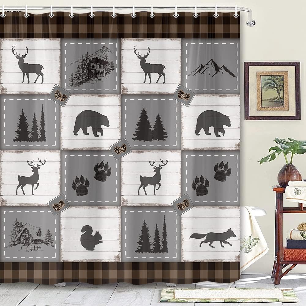 Rustic Wild Animal Woodland Shower Curtain With Deer Bear Design - Wild Life Gray Brown Bathroom - Image 3