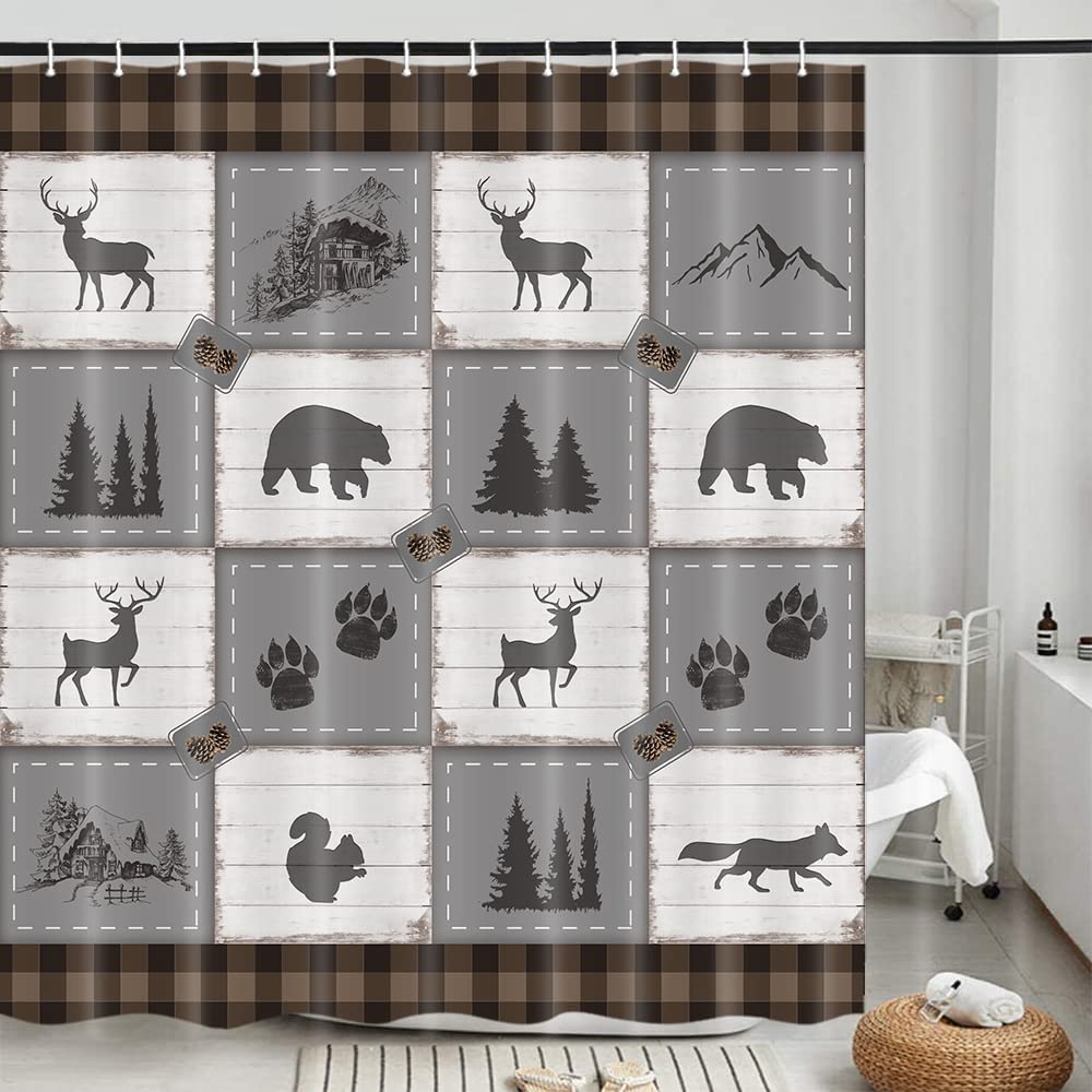 Rustic Wild Animal Woodland Shower Curtain With Deer Bear Design - Wild Life Gray Brown Bathroom - Image 4
