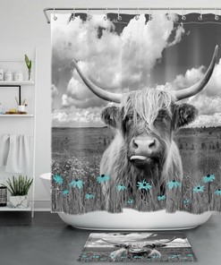 Rustic Wildflower Blue Cow Unique Shower Curtain Set For Bathroom Decor