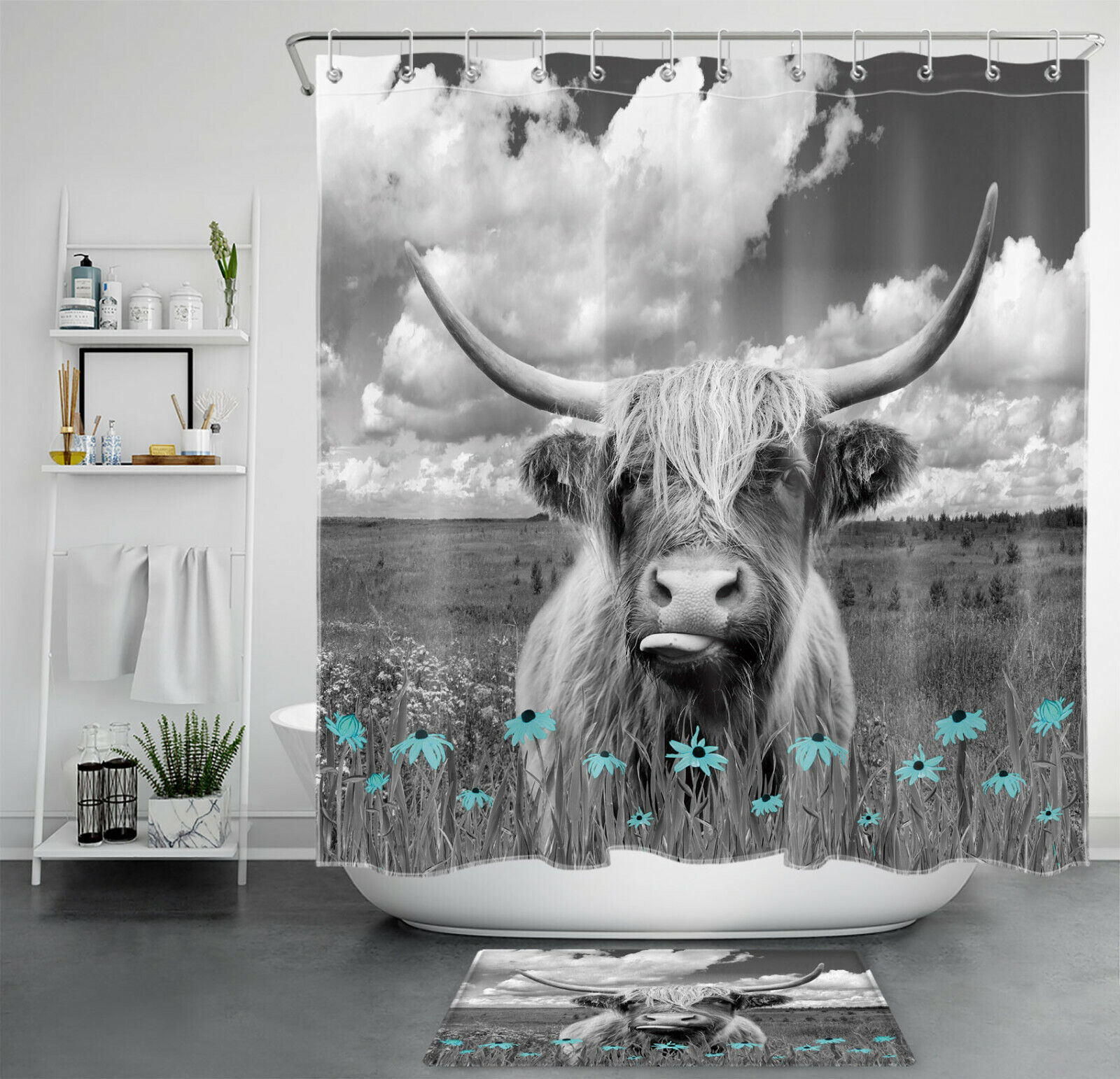 Rustic Wildflower Blue Cow Unique Shower Curtain Set For Bathroom Decor