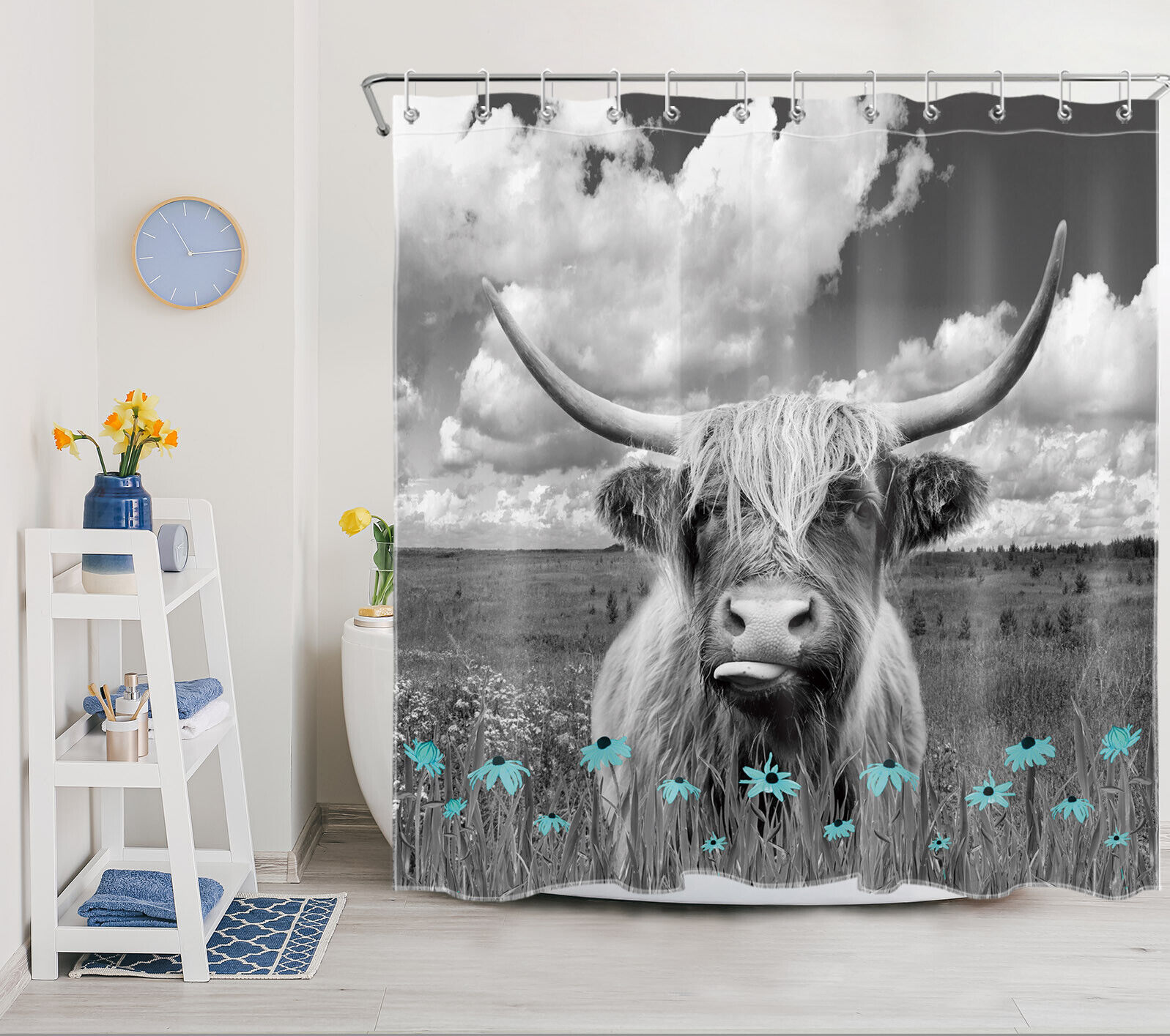 Rustic Wildflower Blue Cow Unique Shower Curtain Set For Bathroom Decor - Image 2