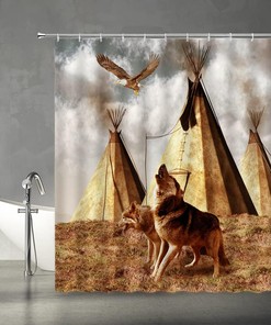 Rustic Wildlife And Tribal Bear Shower Curtain, Hunting Wolf Fabric Bathroom Decor,