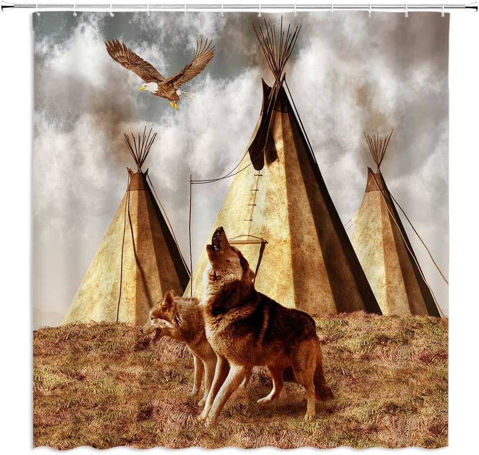 Rustic Wildlife And Tribal Bear Shower Curtain, Hunting Wolf Fabric Bathroom Decor, - Image 2