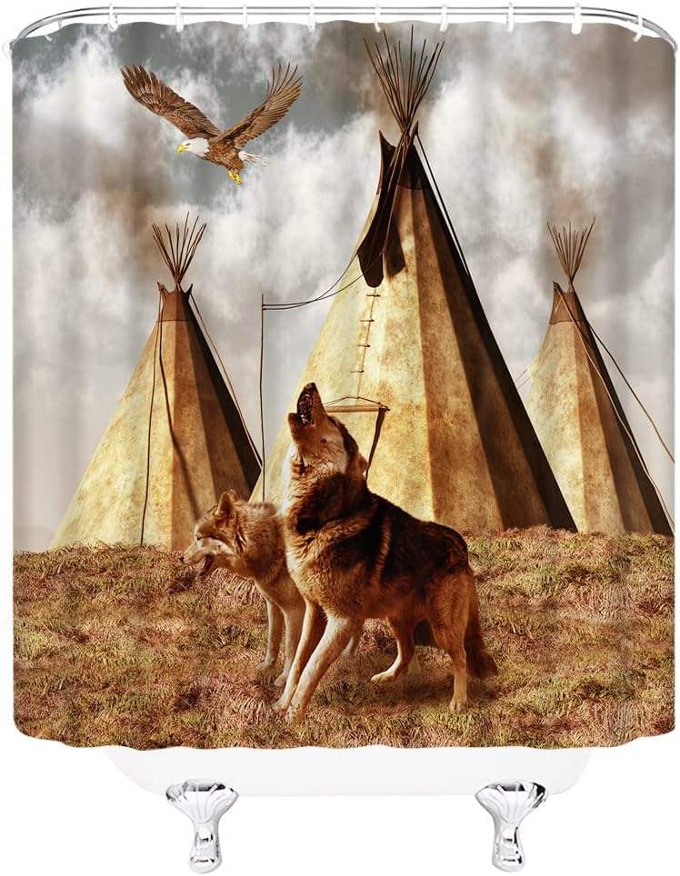 Rustic Wildlife And Tribal Bear Shower Curtain, Hunting Wolf Fabric Bathroom Decor, - Image 3