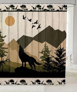 Rustic Wolf Cabin Shower Curtain for Girls and Adults, Wooden Plank and Giraffe Animal Print