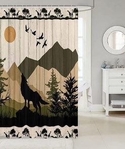 Rustic Wolf Cabin Shower Curtain for Girls and Adults, Wooden Plank and Giraffe Animal Print