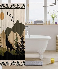 Rustic Wolf Cabin Shower Curtain for Girls and Adults, Wooden Plank and Giraffe Animal Print