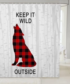 Rustic Wolf Hunting Shower Curtain for Boys and Adults, Geometric Grids and Retro Bright Print
