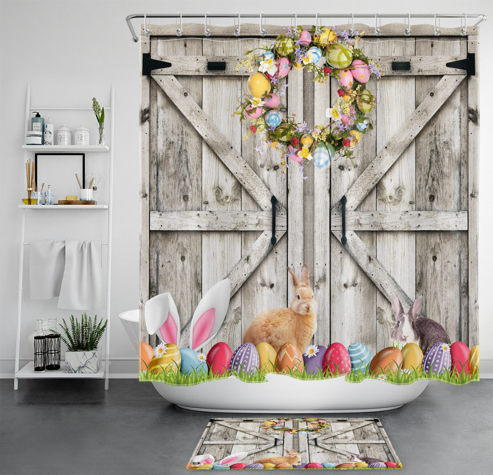 Rustic Wood Barn Rabbit Easter Eggs Bathroom Accessory Set