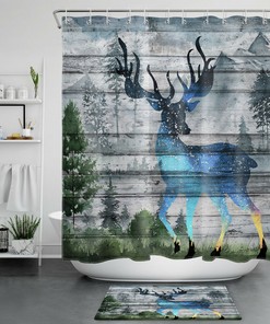Rustic Wood Board Mountain Forest Deer Shower Curtain for Bathroom Accessory