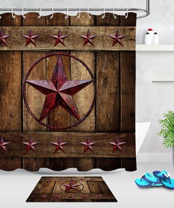 Rustic Wood Board Shower Curtain with Rusty Star Texas Print