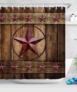 Rustic Wood Board Shower Curtain with Rusty Star Texas Print