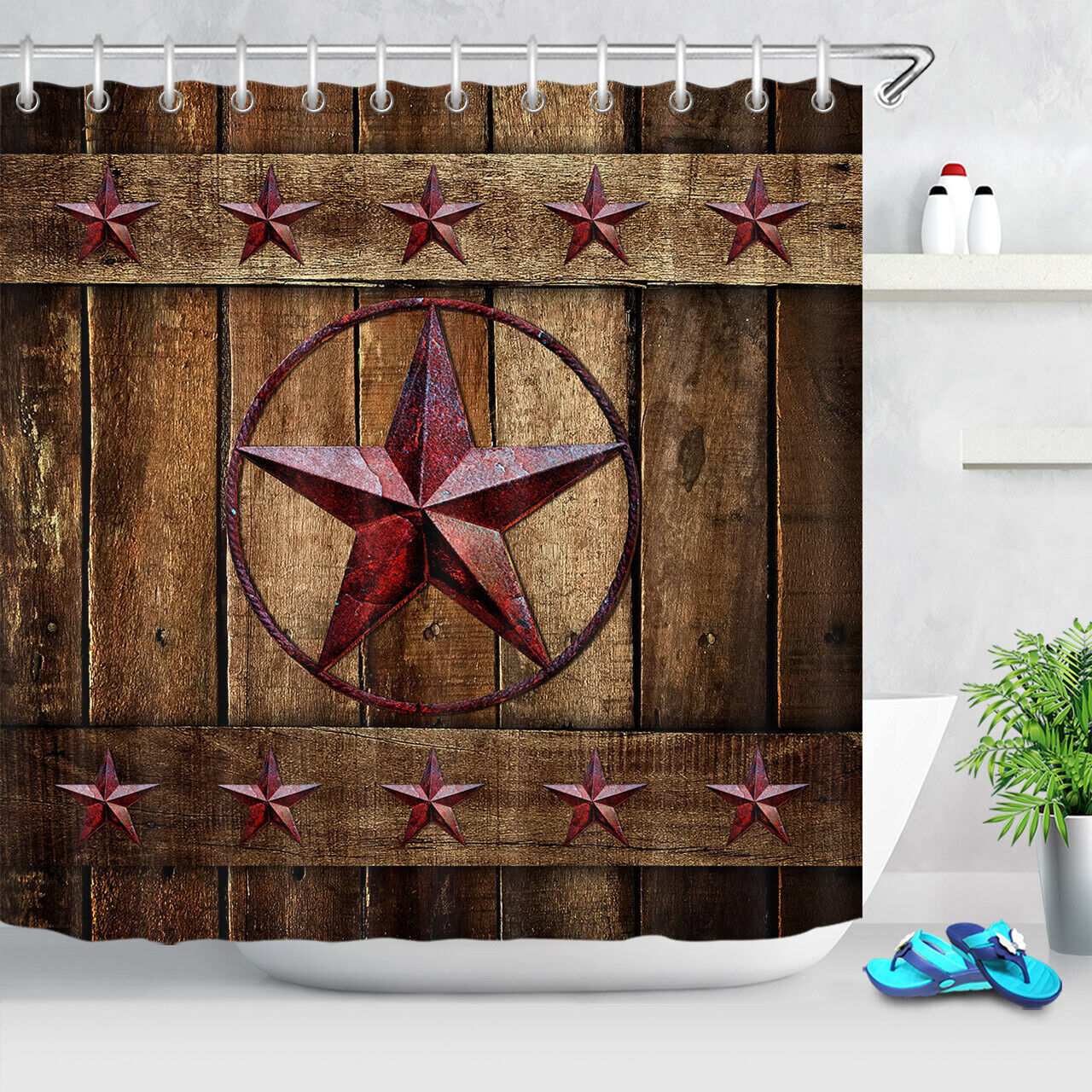 Rustic Wood Board Shower Curtain with Rusty Star Texas Print
