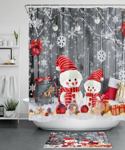 Rustic Wood Board Snowman Shower Curtain With Snowflakes For A Cozy Winter Bathroom