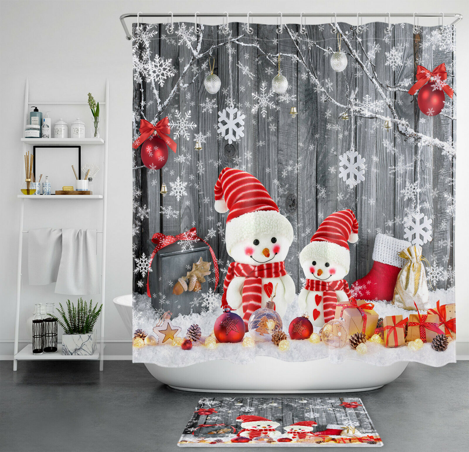 Rustic Wood Board Snowman Shower Curtain With Snowflakes For A Cozy Winter Bathroom