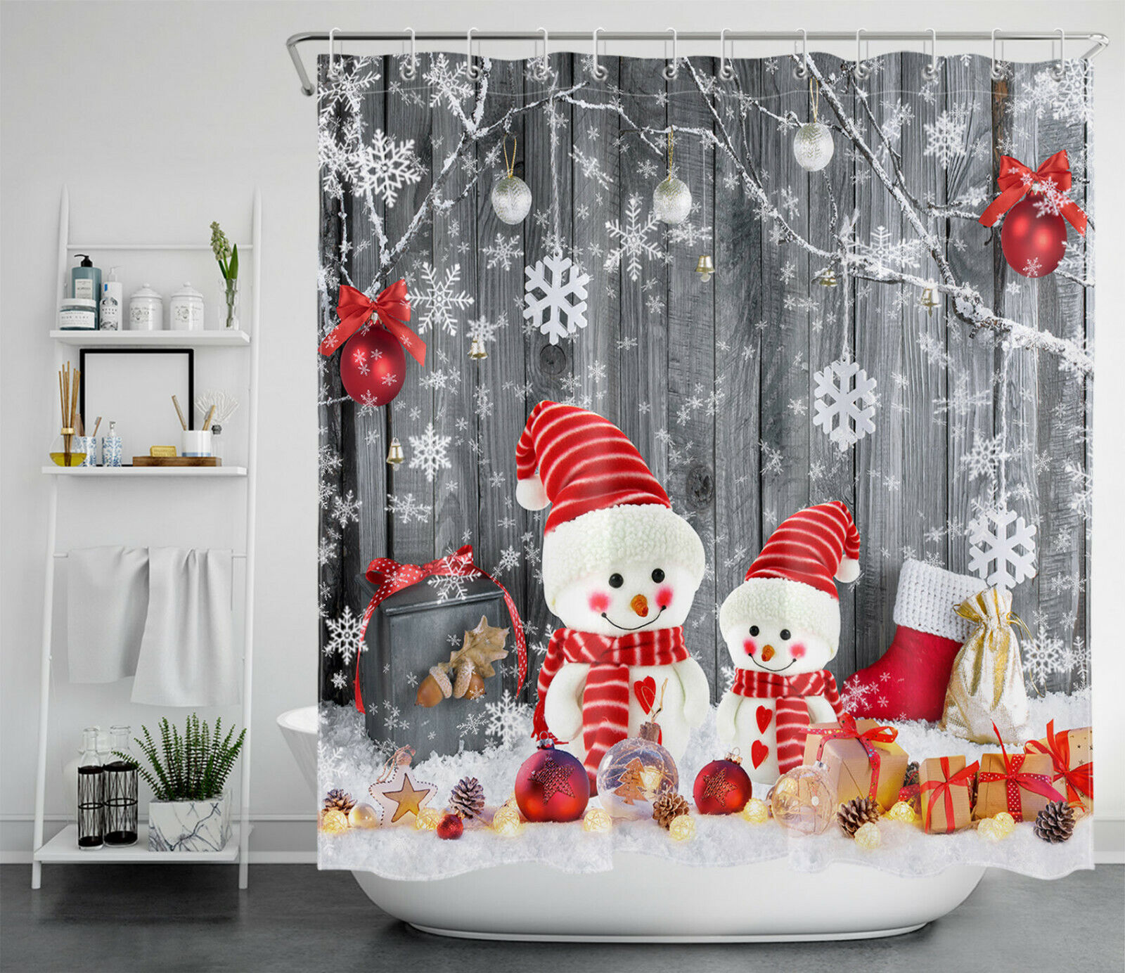 Rustic Wood Board Snowman Shower Curtain With Snowflakes For A Cozy Winter Bathroom - Image 2