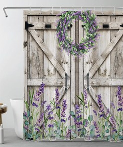 Rustic Wood Boards Lavender Wreath Shower Curtain for Bathroom Decor