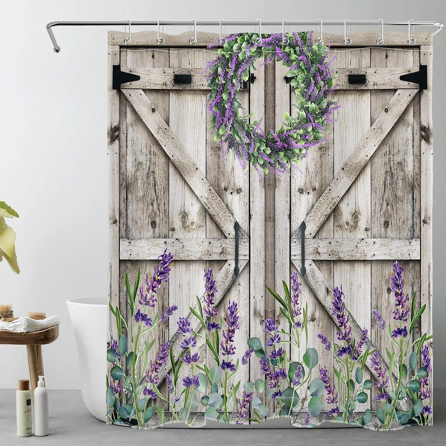 Rustic Wood Boards Lavender Wreath Shower Curtain for Bathroom Decor