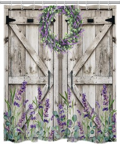 Rustic Wood Boards Lavender Wreath Shower Curtain for Bathroom Decor