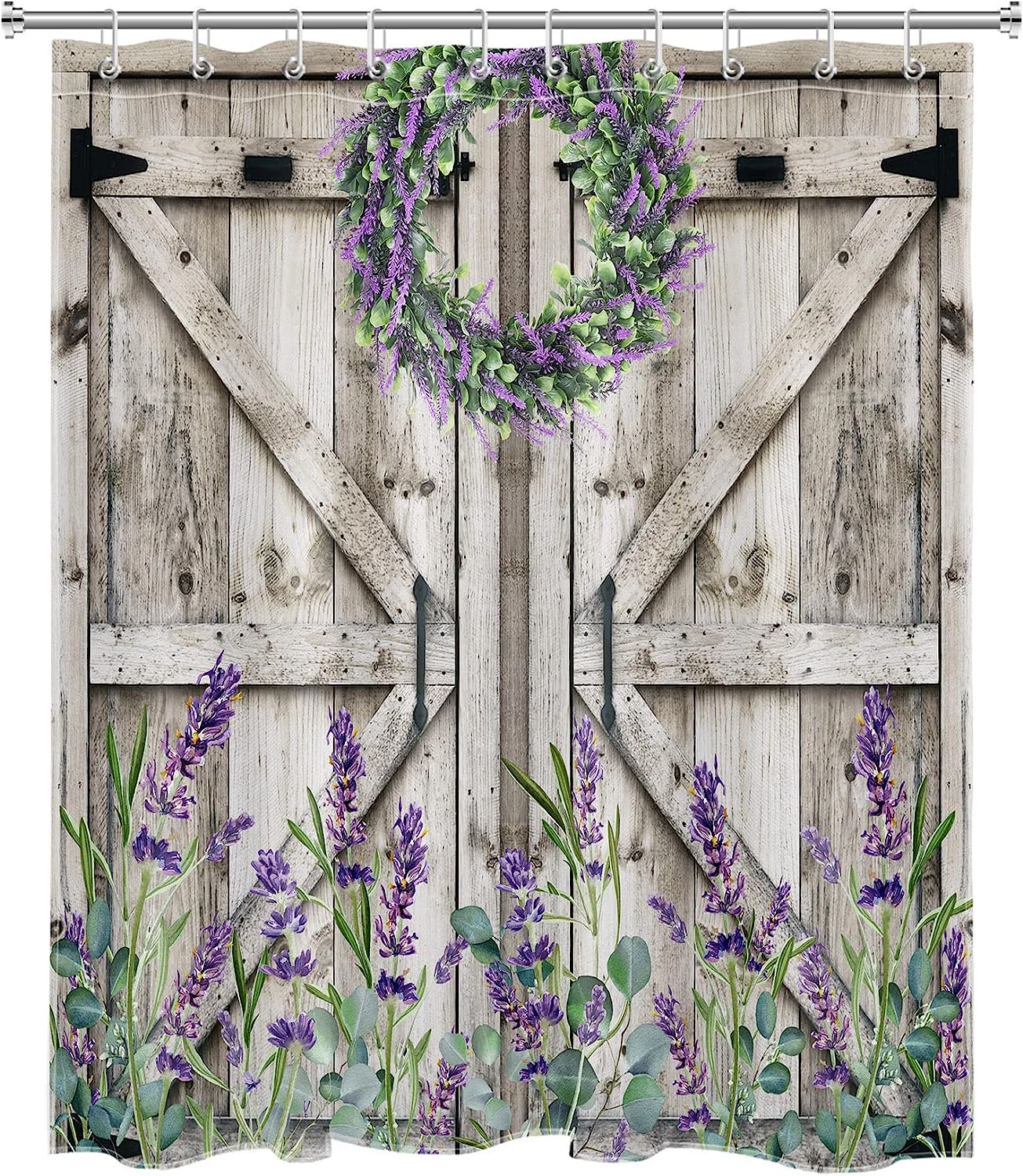 Rustic Wood Boards Lavender Wreath Shower Curtain for Bathroom Decor