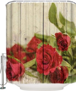 Rustic Wood Grain And Red Rose Flower Valentine'S Day Shower Curtain