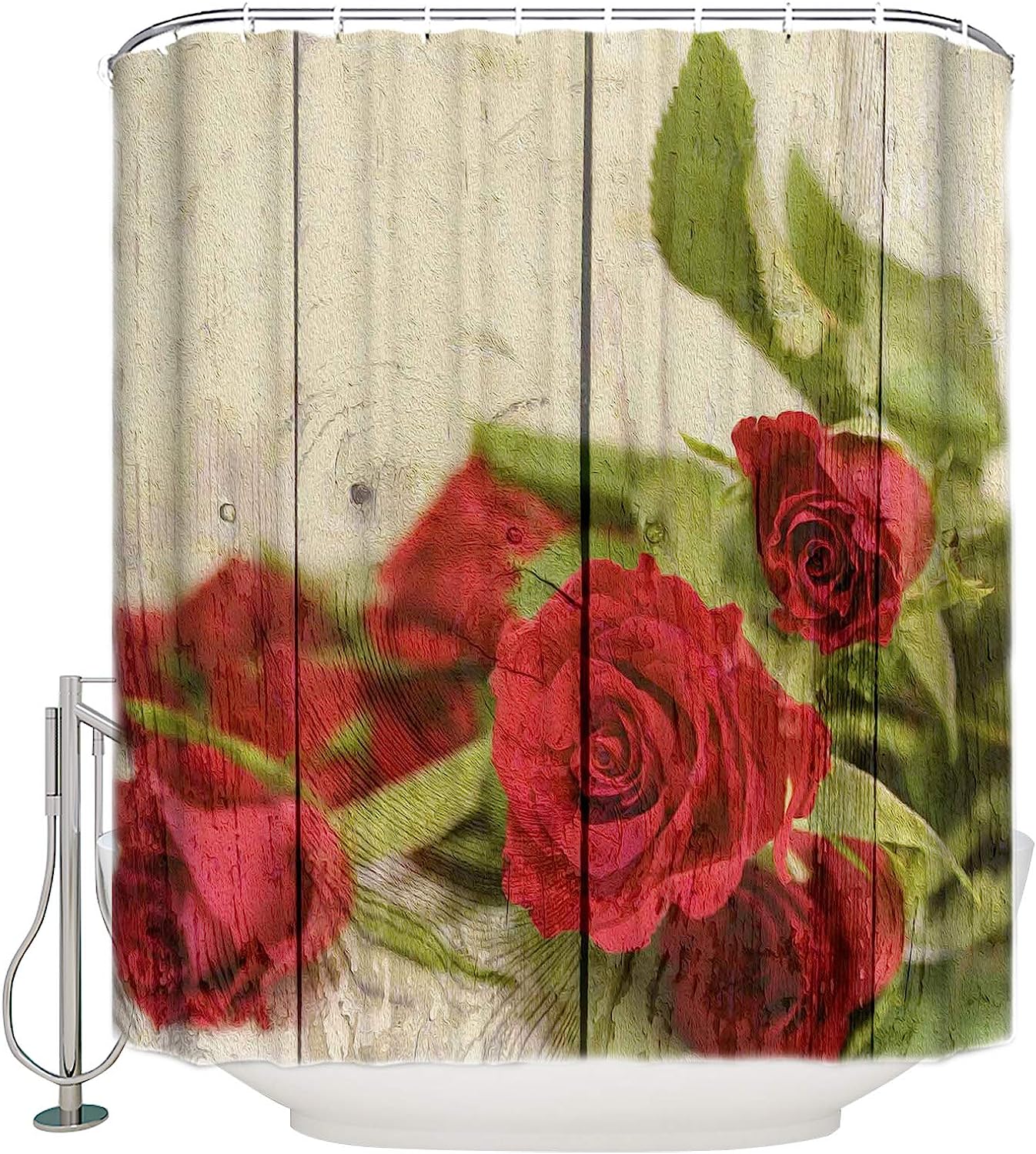 Rustic Wood Grain And Red Rose Flower Valentine'S Day Shower Curtain