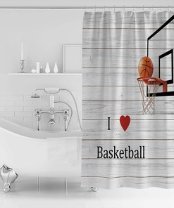 Rustic Wood Grain I Love Basketball Decorative Shower Curtain for Bathroom