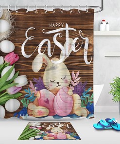Rustic Wood Plank Easter Rabbit Shower Curtain With Tulips For Bathroom Decor
