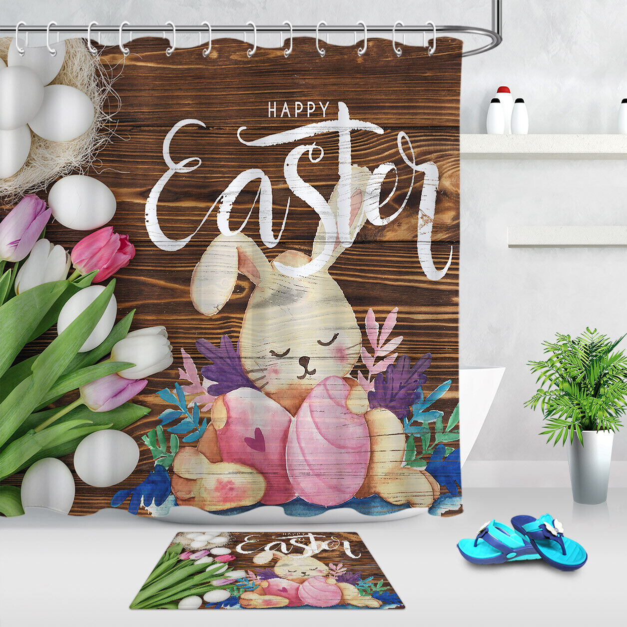 Rustic Wood Plank Easter Rabbit Shower Curtain With Tulips For Bathroom Decor