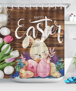 Rustic Wood Plank Easter Rabbit Shower Curtain With Tulips For Bathroom Decor