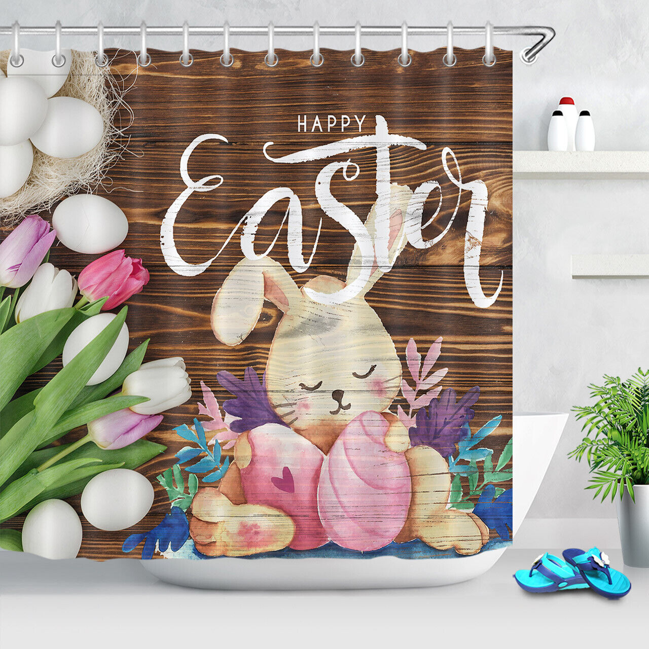 Rustic Wood Plank Easter Rabbit Shower Curtain With Tulips For Bathroom Decor