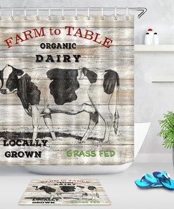 Rustic Wood Plank Farm Animals Shower Curtain, Waterproof Fabric Bath Accessory with Milk Cow Design