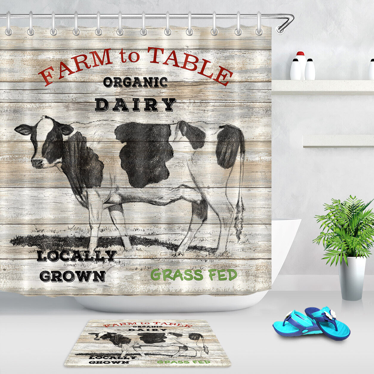 Rustic Wood Plank Farm Animals Shower Curtain, Waterproof Fabric Bath Accessory with Milk Cow Design