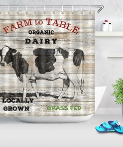 Rustic Wood Plank Farm Animals Shower Curtain, Waterproof Fabric Bath Accessory with Milk Cow Design