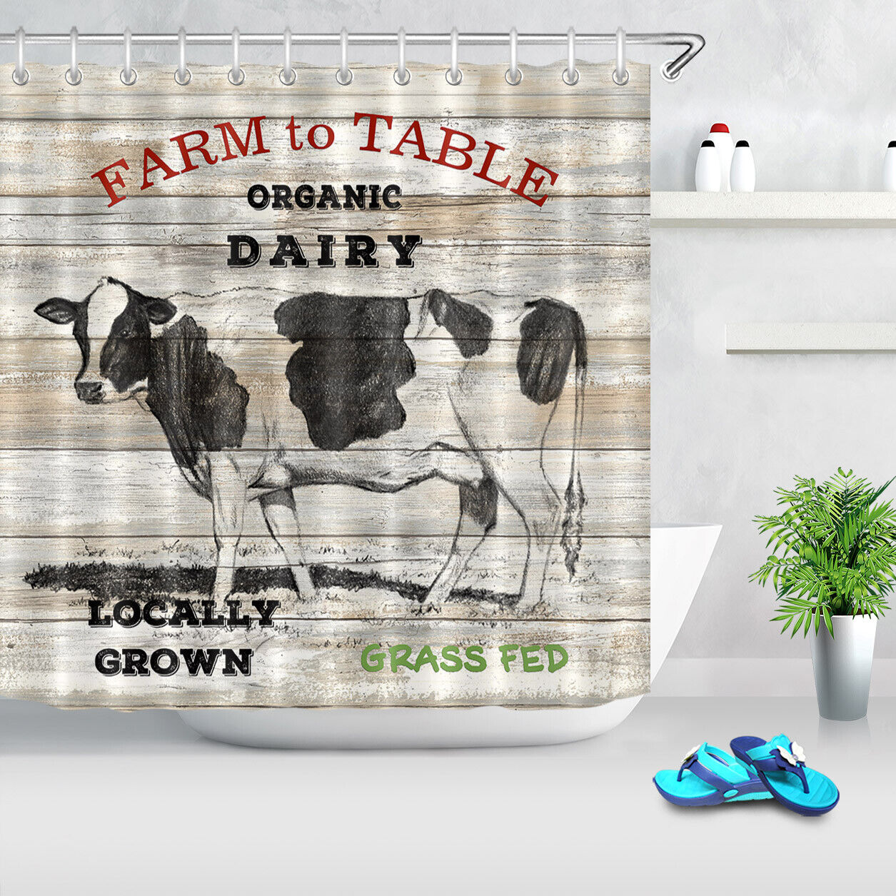 Rustic Wood Plank Farm Animals Shower Curtain, Waterproof Fabric Bath Accessory with Milk Cow Design