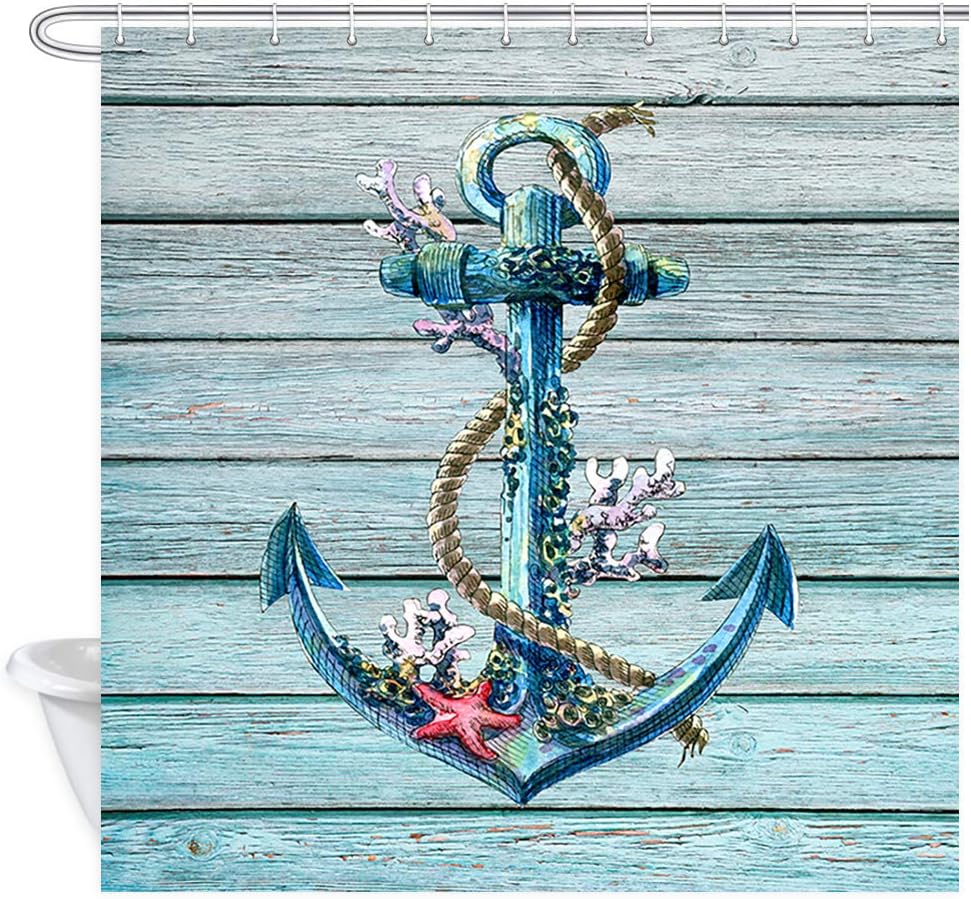 Rustic Wood Plank Marine Ornament Anchor Shower Curtain For Bathroom Decors - Image 2