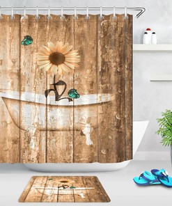 Rustic Wood Plank Sunflower and Butterfly Bathtub Shower Curtain for Bathroom Decor