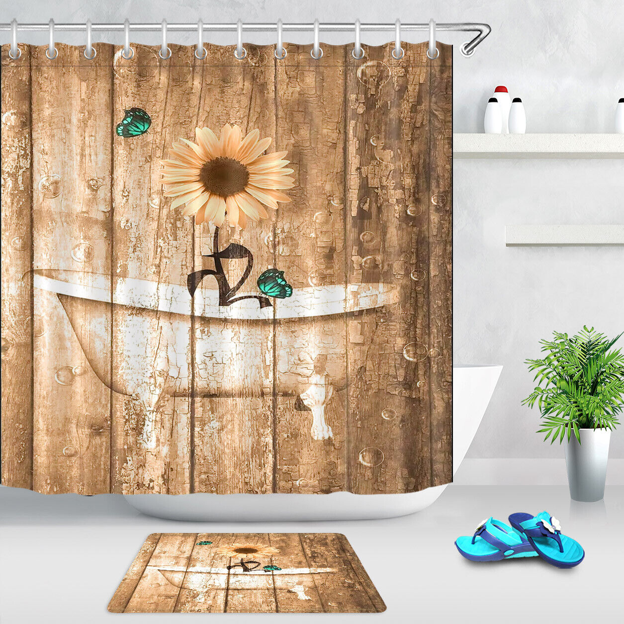 Rustic Wood Plank Sunflower and Butterfly Bathtub Shower Curtain for Bathroom Decor