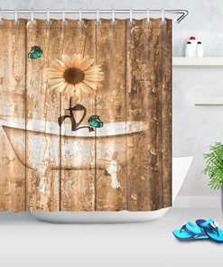 Rustic Wood Plank Sunflower and Butterfly Bathtub Shower Curtain for Bathroom Decor