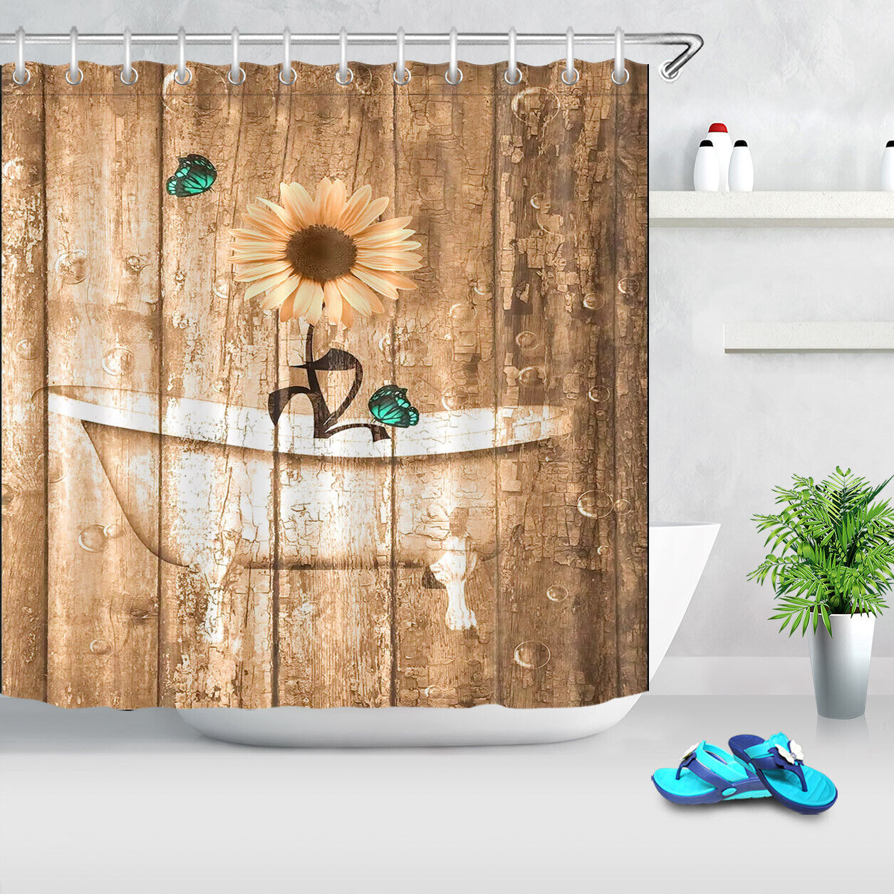 Rustic Wood Plank Sunflower and Butterfly Bathtub Shower Curtain for Bathroom Decor