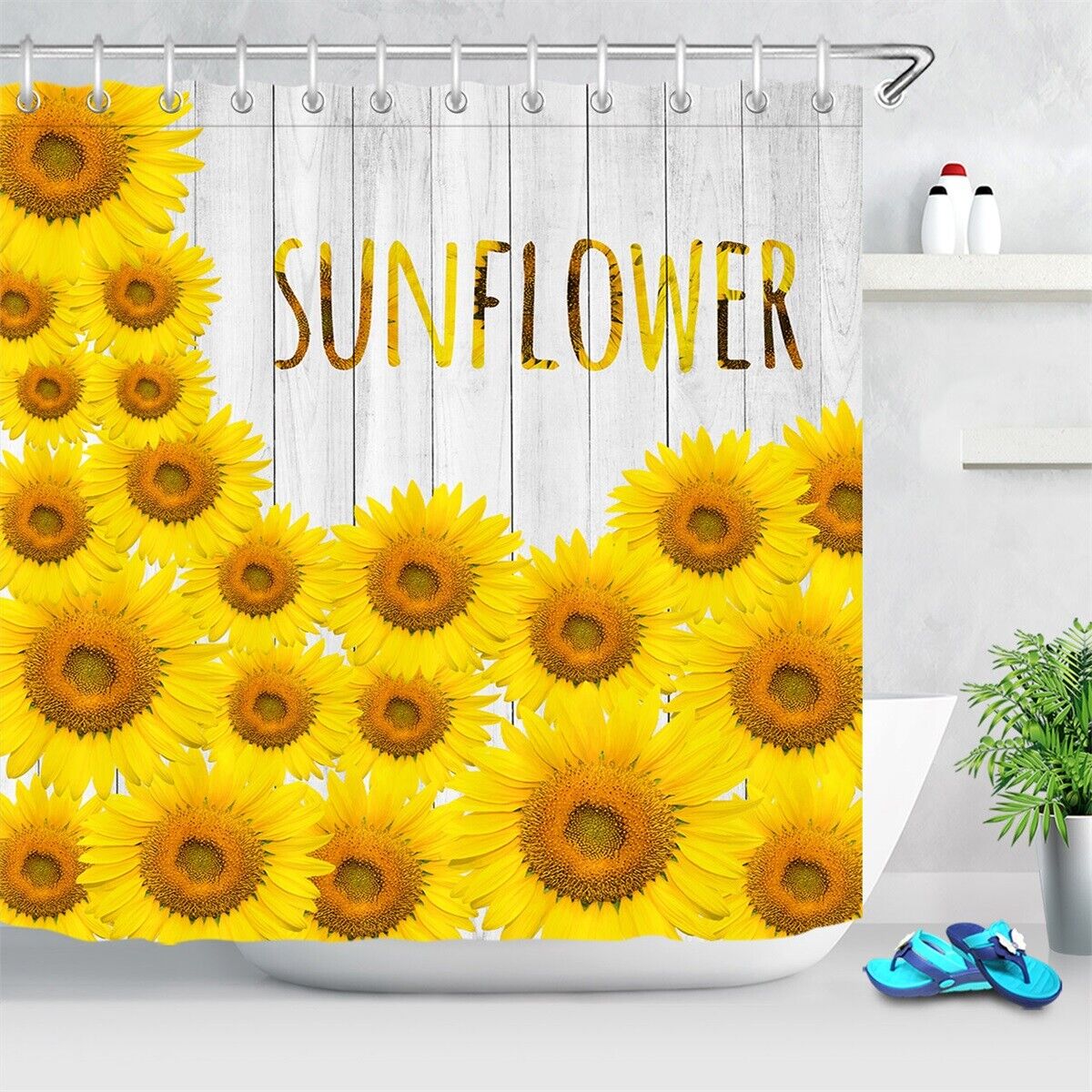 Rustic Wood Plank Sunflowers Shower Curtain for a Country Bathroom Decor