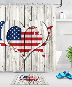 Rustic Wood Planks Heart Usa Flag Map Shower Curtain For Patriotic Bathroom Decor