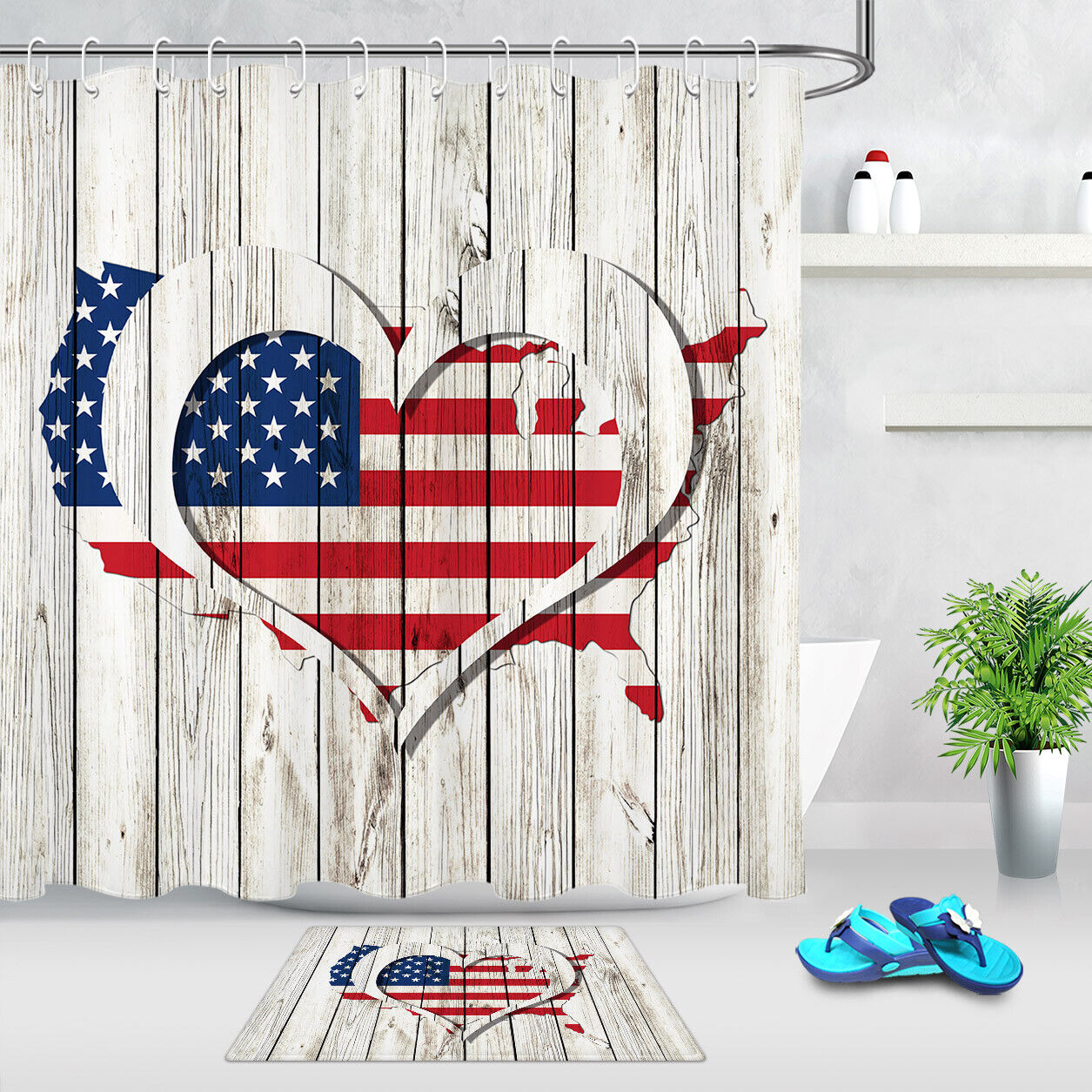 Rustic Wood Planks Heart Usa Flag Map Shower Curtain For Patriotic Bathroom Decor