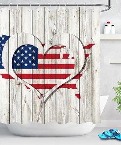 Rustic Wood Planks Heart Usa Flag Map Shower Curtain For Patriotic Bathroom Decor